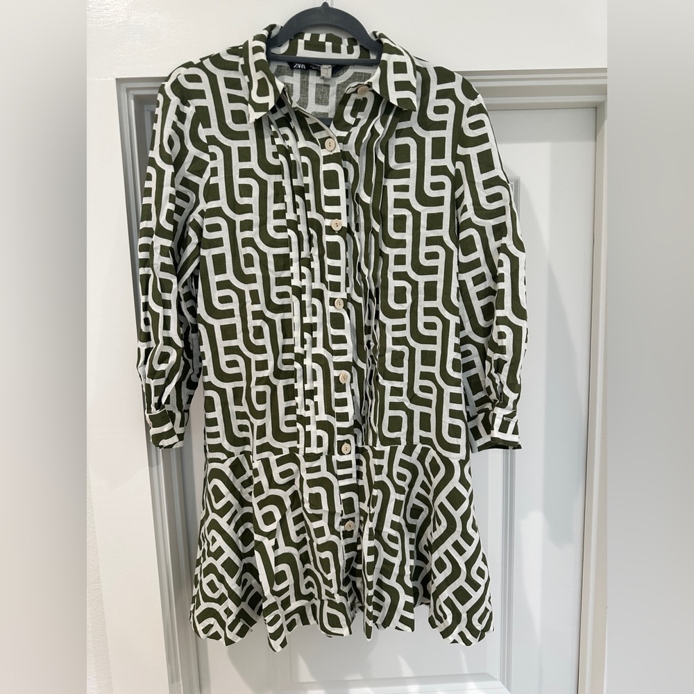 Zara - olive green and white linen blend dress size L